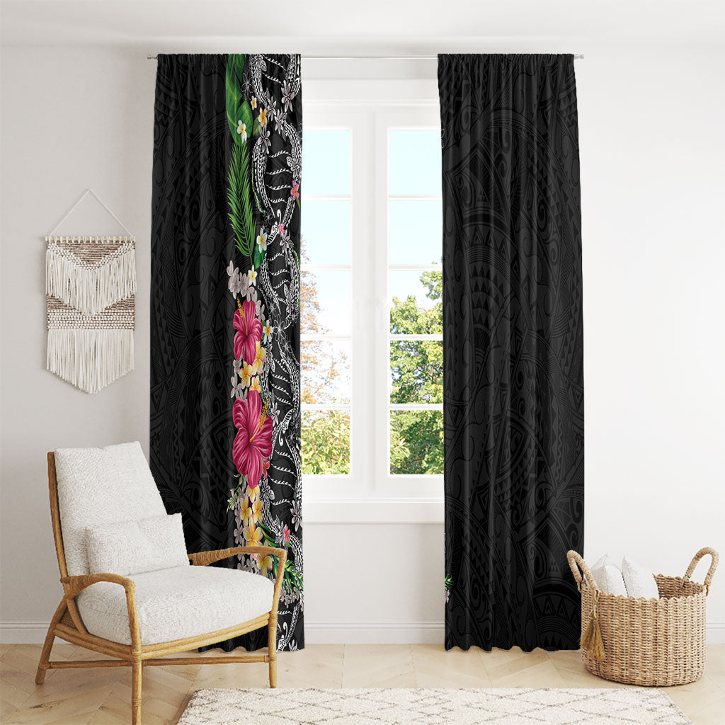 Hawaii DNA Kakau Tattoo Window Curtain with Plumeria and Hibiscus Tropical Plants Black Color