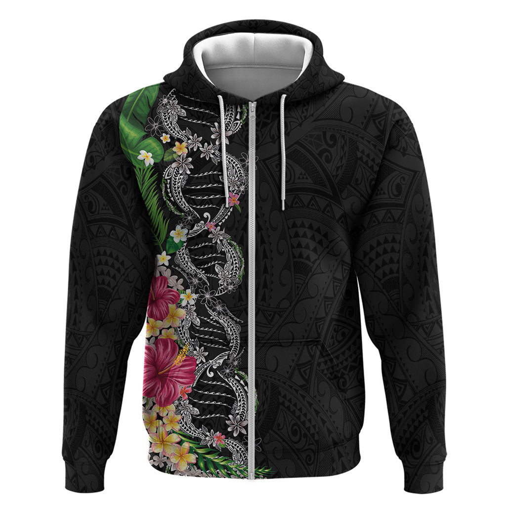 Hawaii DNA Kakau Tattoo Zip Hoodie with Plumeria and Hibiscus Tropical Plants Black Color LT03 Zip Hoodie Black - Polynesian Pride
