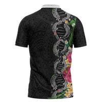 Hawaii DNA Kakau Tattoo Zipper Polo Shirt with Plumeria and Hibiscus Tropical Plants Black Color