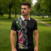 Hawaii DNA Kakau Tattoo Zipper Polo Shirt with Plumeria and Hibiscus Tropical Plants Black Color