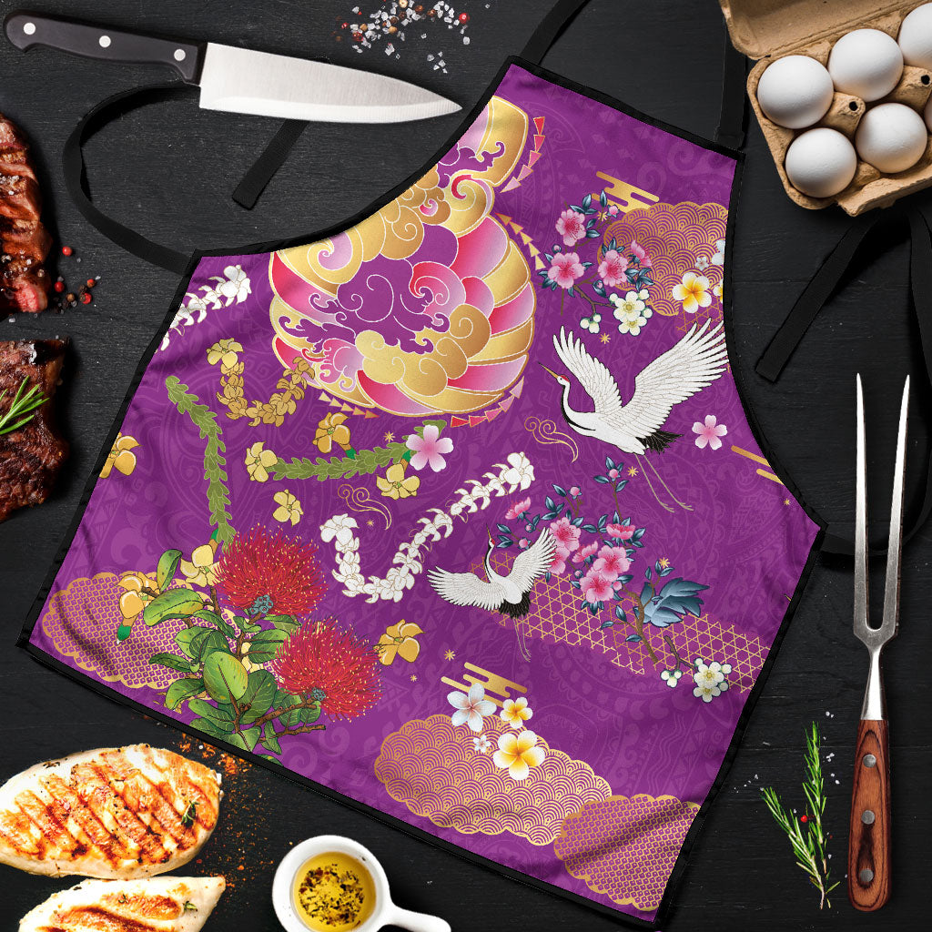 Hawaiian and Japanese Culture Together Apron Kakau Tribal Pattern and Irezumi Art Purple Color