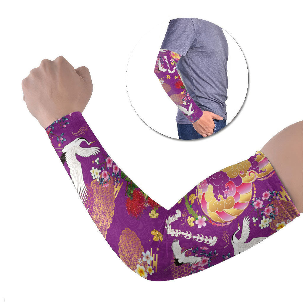 Hawaiian and Japanese Culture Together Arm Sleeves Kakau Tribal Pattern and Irezumi Art Purple Color