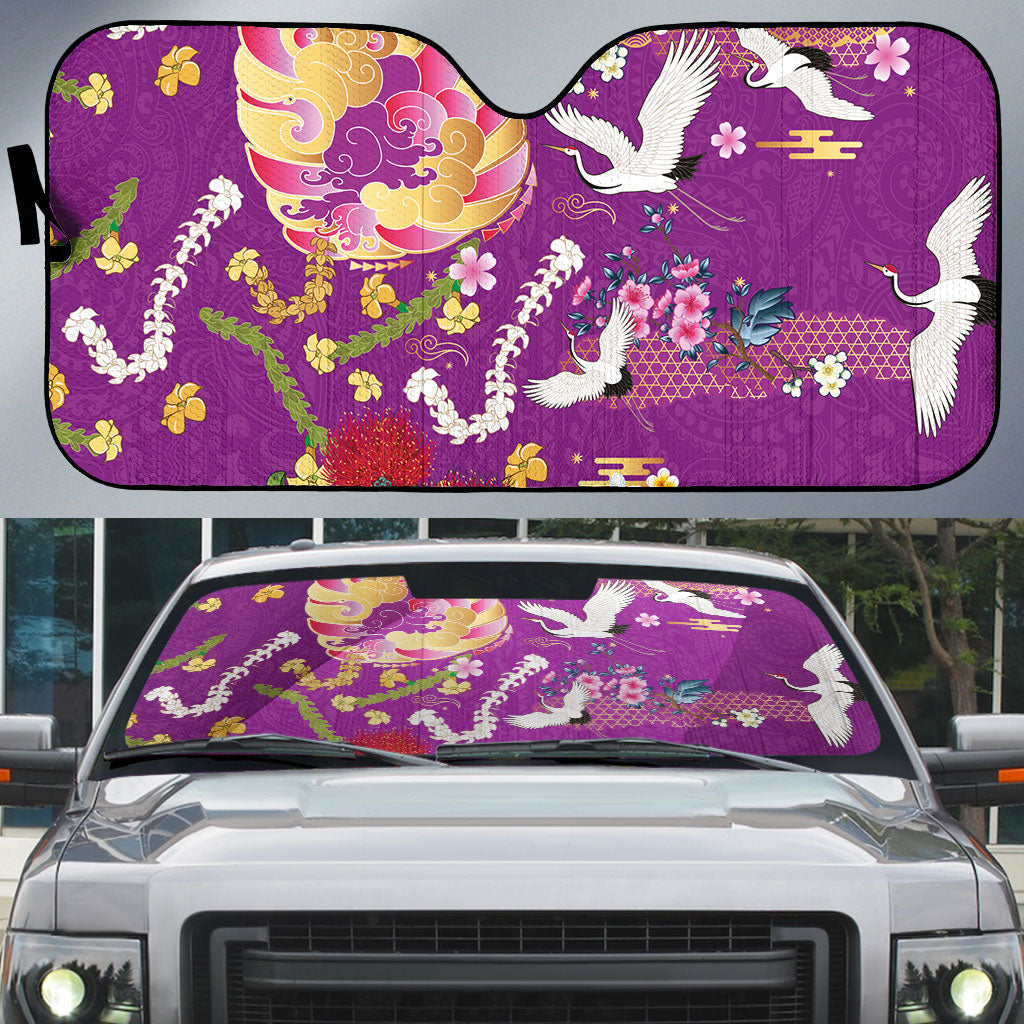 Hawaiian and Japanese Culture Together Auto Sun Shade Kakau Tribal Pattern and Irezumi Art Purple Color LT03 Purple - Polynesian Pride