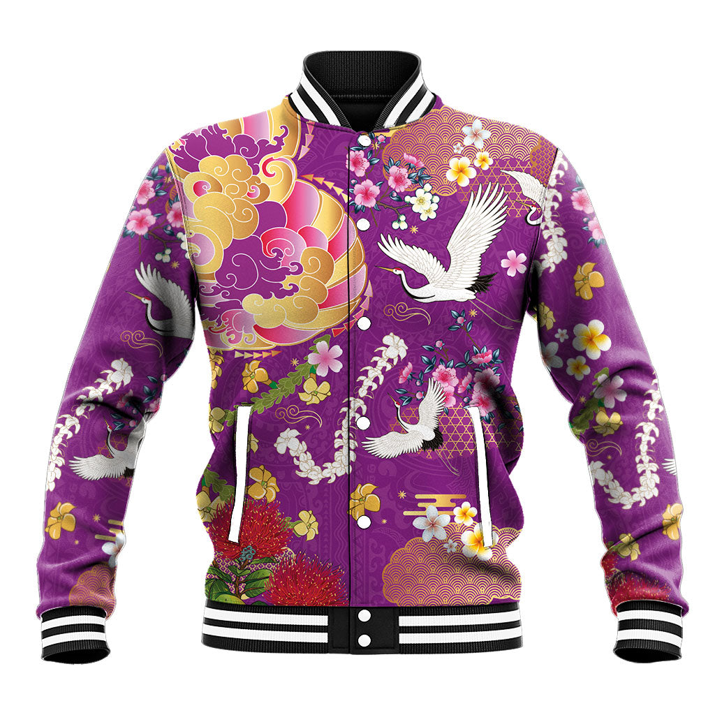 Hawaiian and Japanese Culture Together Baseball Jacket Kakau Tribal Pattern and Irezumi Art Purple Color LT03 Unisex Purple - Polynesian Pride