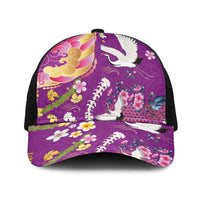 Hawaiian and Japanese Culture Together Baseball Net Cap Kakau Tribal Pattern and Irezumi Art Purple Color