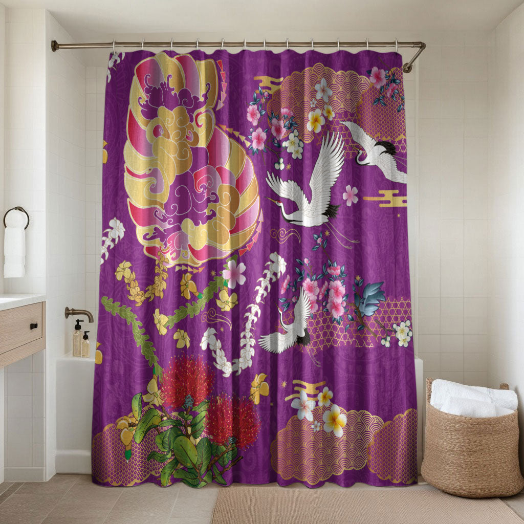 Hawaiian and Japanese Culture Together Bathroom Set Kakau Tribal Pattern and Irezumi Art Purple Color
