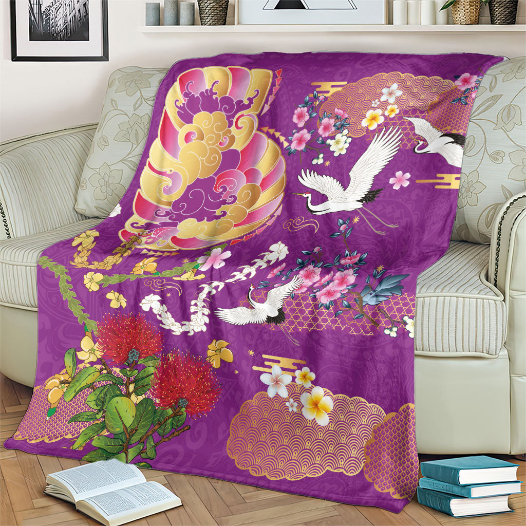 Hawaiian and Japanese Culture Together Blanket Kakau Tribal Pattern and Irezumi Art Purple Color