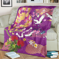 Hawaiian and Japanese Culture Together Blanket Kakau Tribal Pattern and Irezumi Art Purple Color