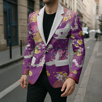 Hawaiian and Japanese Culture Together Blazer Kakau Tribal Pattern and Irezumi Art Purple Color