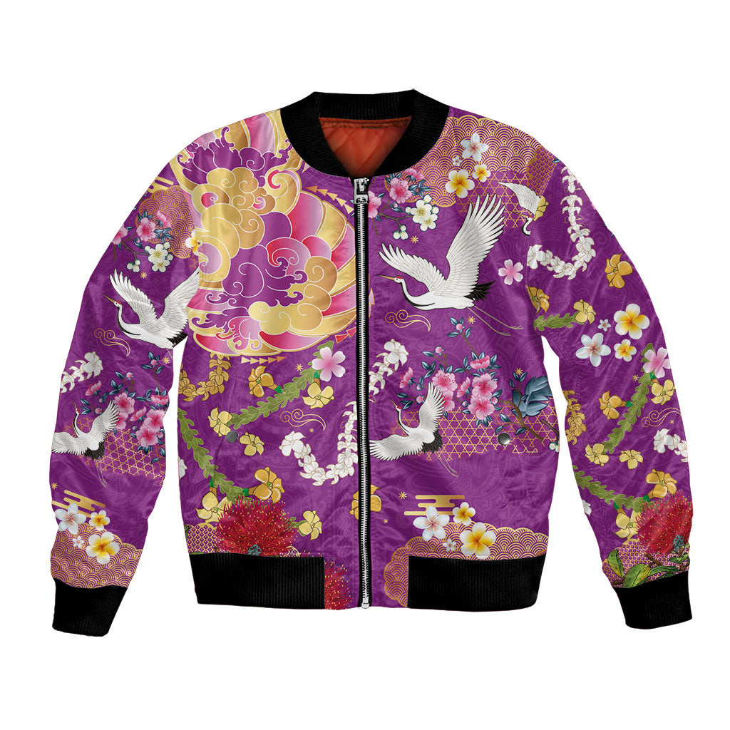 Hawaiian and Japanese Culture Together Bomber Jacket Kakau Tribal Pattern and Irezumi Art Purple Color