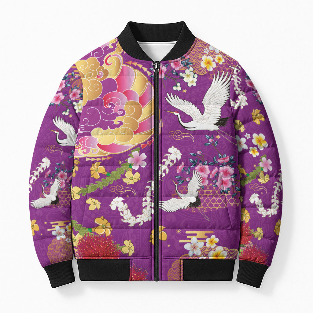 Hawaiian and Japanese Culture Together Bomber Puffer Jacket Kakau Tribal Pattern and Irezumi Art Purple Color LT03 Unisex Purple - Polynesian Pride