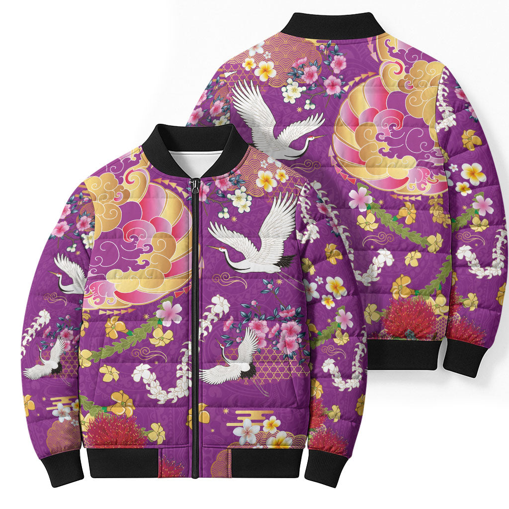 Hawaiian and Japanese Culture Together Bomber Puffer Jacket Kakau Tribal Pattern and Irezumi Art Purple Color