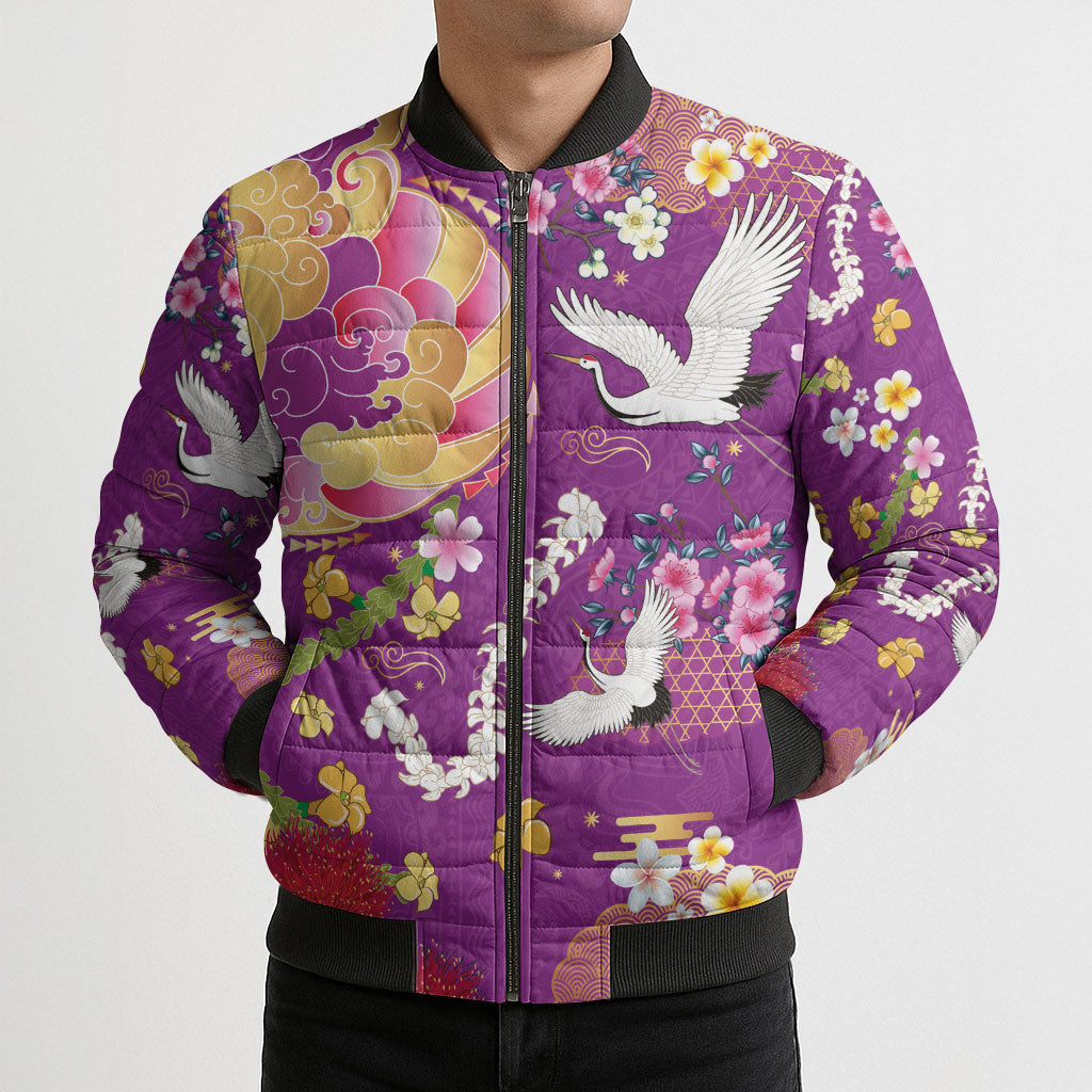 Hawaiian and Japanese Culture Together Bomber Puffer Jacket Kakau Tribal Pattern and Irezumi Art Purple Color