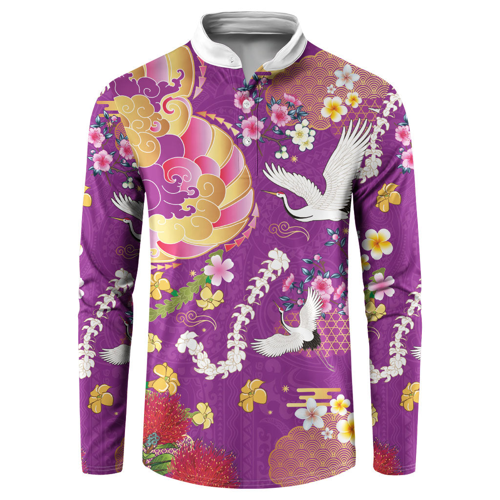 Hawaiian and Japanese Culture Together Button Sweatshirt Kakau Tribal Pattern and Irezumi Art Purple Color