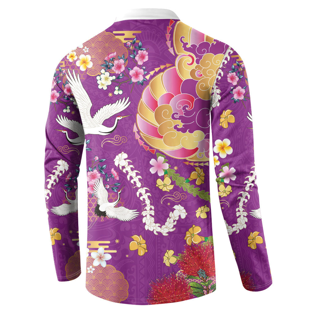 Hawaiian and Japanese Culture Together Button Sweatshirt Kakau Tribal Pattern and Irezumi Art Purple Color