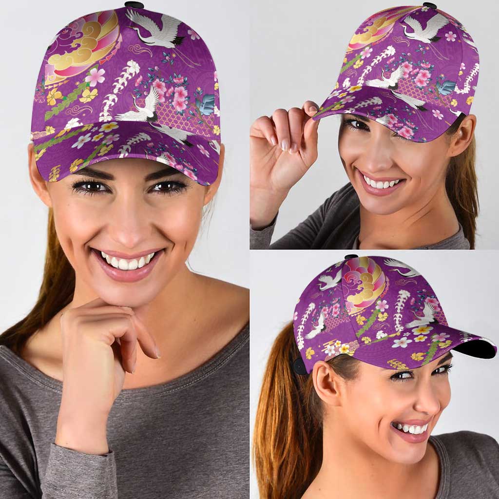 Hawaiian and Japanese Culture Together Classic Cap Kakau Tribal Pattern and Irezumi Art Purple Color
