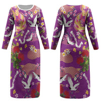 Hawaiian and Japanese Culture Together Couples Matching Long Sleeve Bodycon Dress and Hawaiian Shirt Kakau Tribal Pattern and Irezumi Art Purple Color