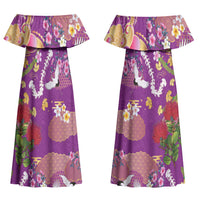 Hawaiian and Japanese Culture Together Couples Matching Off Shoulder Maxi Dress and Hawaiian Shirt Kakau Tribal Pattern and Irezumi Art Purple Color