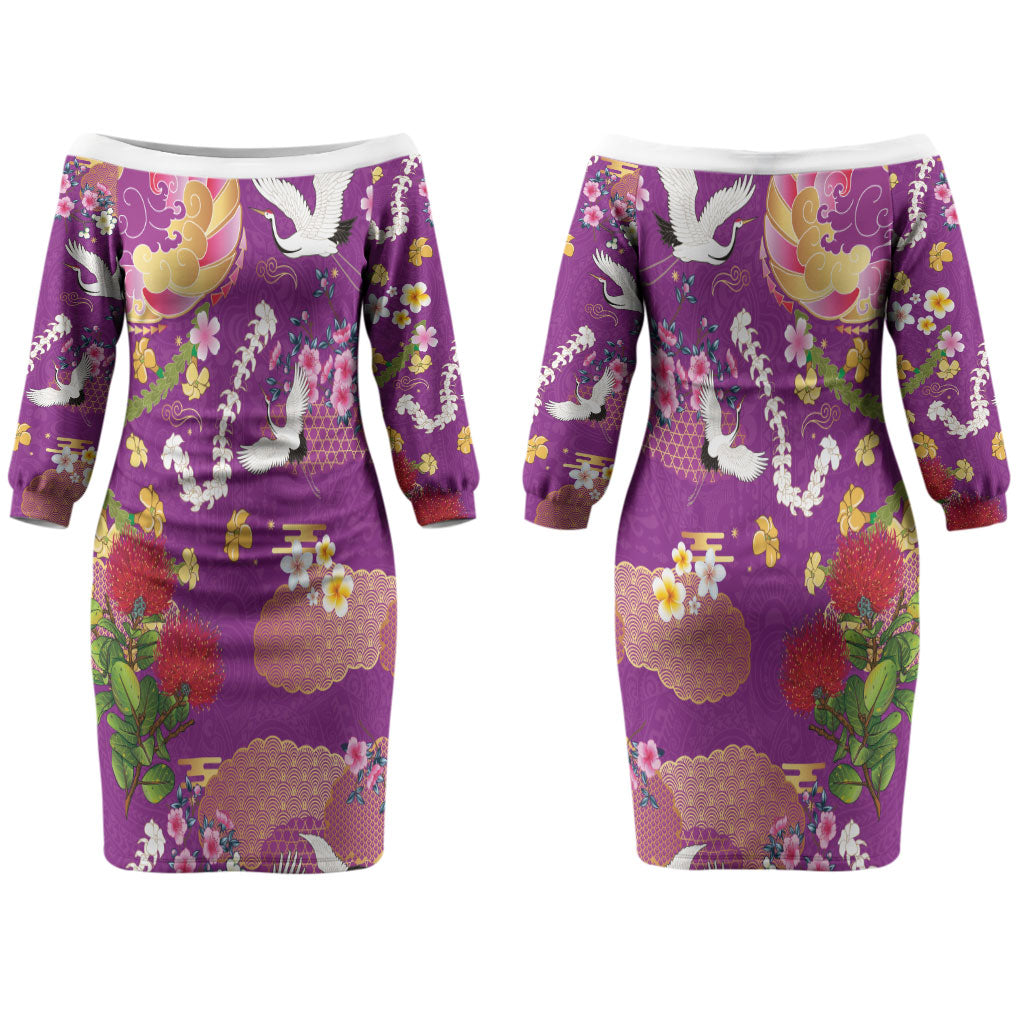 Hawaiian and Japanese Culture Together Couples Matching Off The Shoulder Long Sleeve Dress and Long Sleeve Button Shirt Kakau Tribal Pattern and Irezumi Art Purple Color