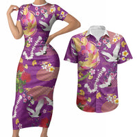 Hawaiian and Japanese Culture Together Couples Matching Short Sleeve Bodycon Dress and Hawaiian Shirt Kakau Tribal Pattern and Irezumi Art Purple Color