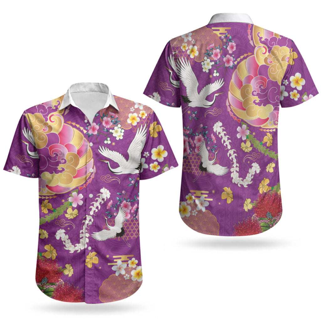 Hawaiian and Japanese Culture Together Couples Matching Short Sleeve Bodycon Dress and Hawaiian Shirt Kakau Tribal Pattern and Irezumi Art Purple Color