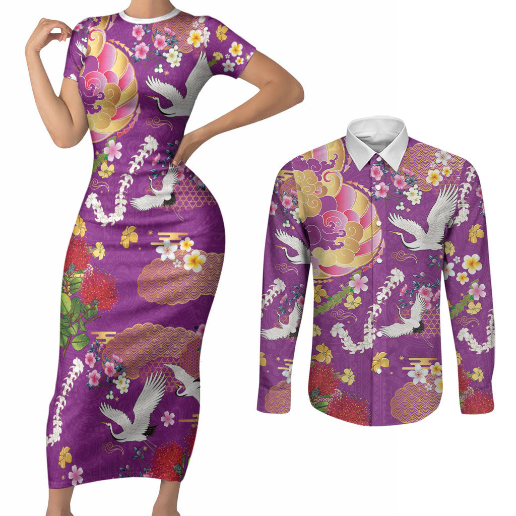 Hawaiian and Japanese Culture Together Couples Matching Short Sleeve Bodycon Dress and Long Sleeve Button Shirt Kakau Tribal Pattern and Irezumi Art Purple Color LT03 Purple - Polynesian Pride