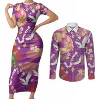 Hawaiian and Japanese Culture Together Couples Matching Short Sleeve Bodycon Dress and Long Sleeve Button Shirt Kakau Tribal Pattern and Irezumi Art Purple Color