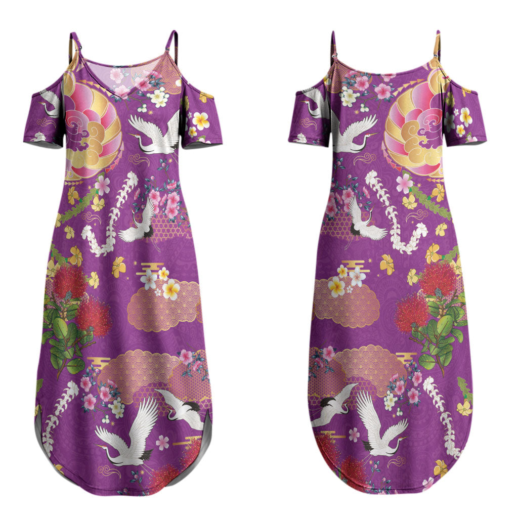 Hawaiian and Japanese Culture Together Couples Matching Summer Maxi Dress and Hawaiian Shirt Kakau Tribal Pattern and Irezumi Art Purple Color