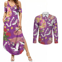 Hawaiian and Japanese Culture Together Couples Matching Summer Maxi Dress and Long Sleeve Button Shirt Kakau Tribal Pattern and Irezumi Art Purple Color