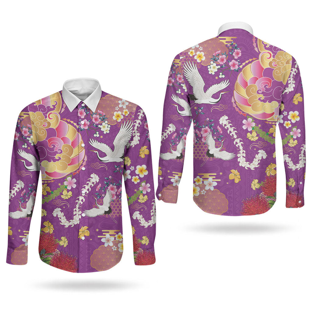 Hawaiian and Japanese Culture Together Couples Matching Summer Maxi Dress and Long Sleeve Button Shirt Kakau Tribal Pattern and Irezumi Art Purple Color