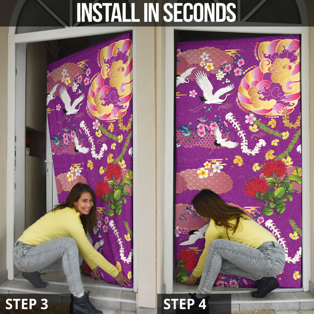 Hawaiian and Japanese Culture Together Door Cover Kakau Tribal Pattern and Irezumi Art Purple Color