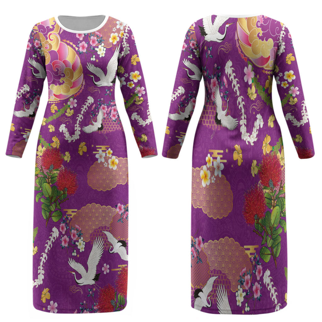 Hawaiian and Japanese Culture Together Family Matching Long Sleeve Bodycon Dress and Hawaiian Shirt Kakau Tribal Pattern and Irezumi Art Purple Color
