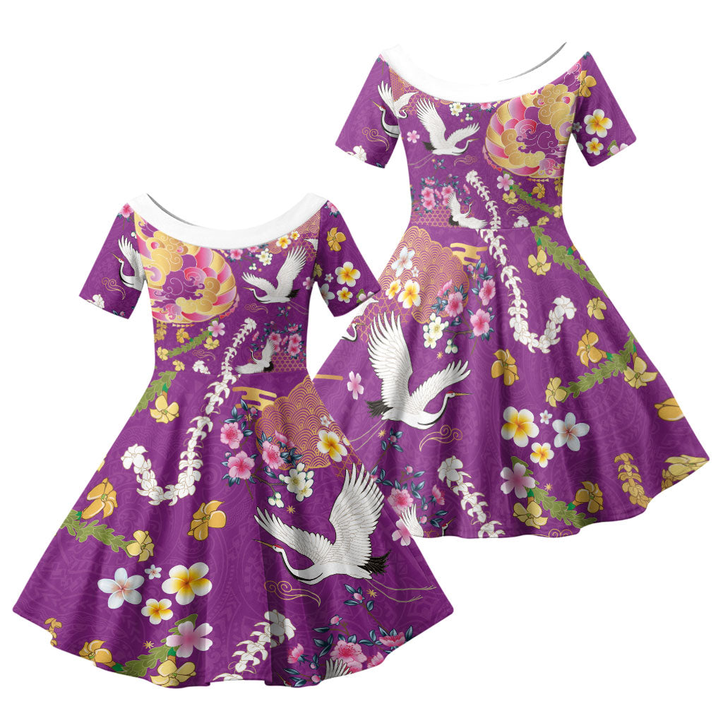 Hawaiian and Japanese Culture Together Family Matching Long Sleeve Bodycon Dress and Hawaiian Shirt Kakau Tribal Pattern and Irezumi Art Purple Color