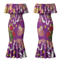 Hawaiian and Japanese Culture Together Family Matching Mermaid Dress and Hawaiian Shirt Kakau Tribal Pattern and Irezumi Art Purple Color