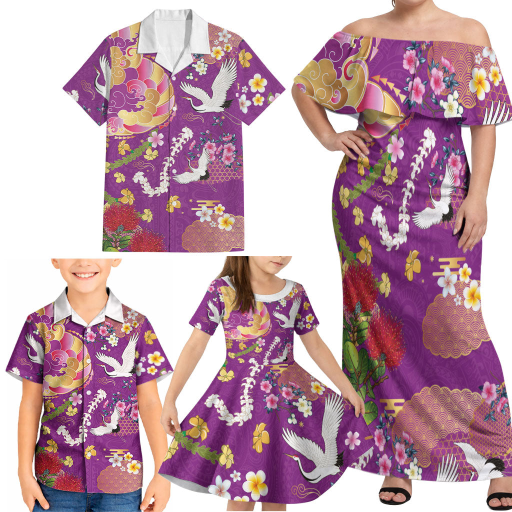Hawaiian and Japanese Culture Together Family Matching Off Shoulder Maxi Dress and Hawaiian Shirt Kakau Tribal Pattern and Irezumi Art Purple Color