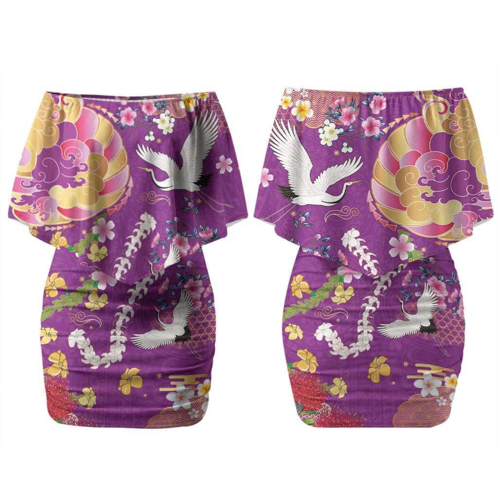 Hawaiian and Japanese Culture Together Family Matching Off Shoulder Short Dress and Hawaiian Shirt Kakau Tribal Pattern and Irezumi Art Purple Color