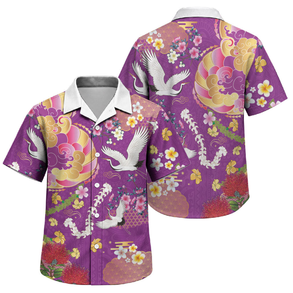Hawaiian and Japanese Culture Together Family Matching Off Shoulder Short Dress and Hawaiian Shirt Kakau Tribal Pattern and Irezumi Art Purple Color
