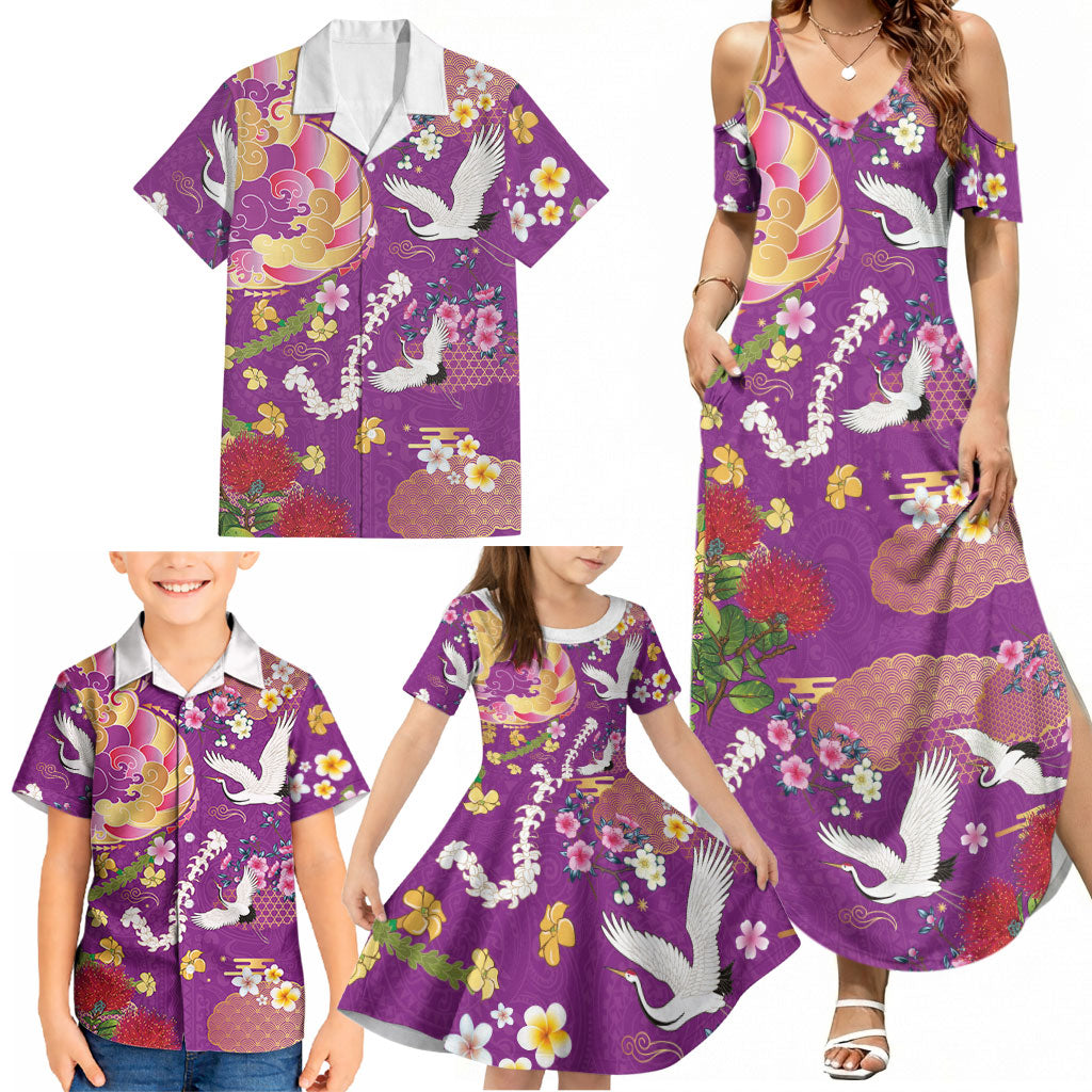 Hawaiian and Japanese Culture Together Family Matching Summer Maxi Dress and Hawaiian Shirt Kakau Tribal Pattern and Irezumi Art Purple Color