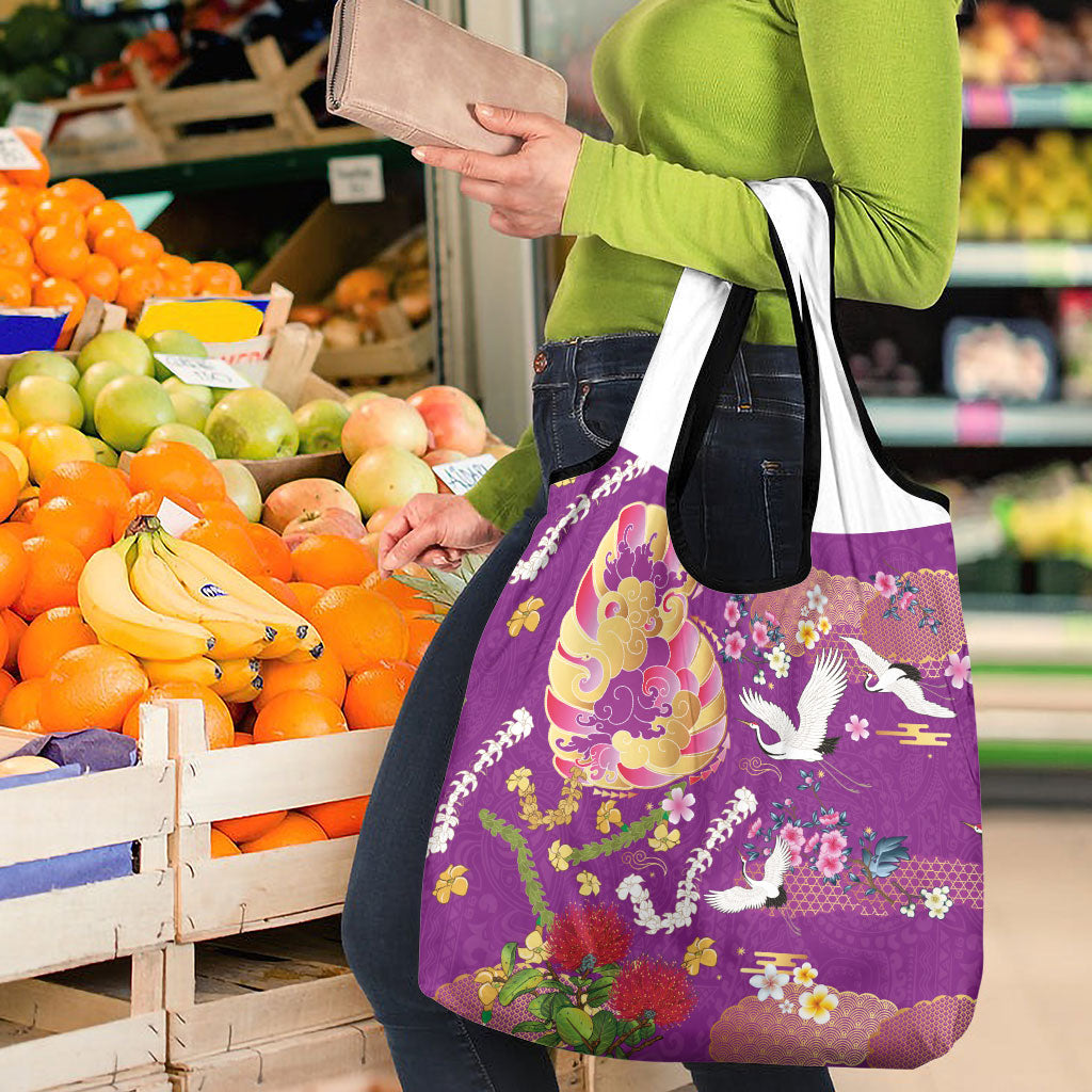 Hawaiian and Japanese Culture Together Grocery Bag Kakau Tribal Pattern and Irezumi Art Purple Color
