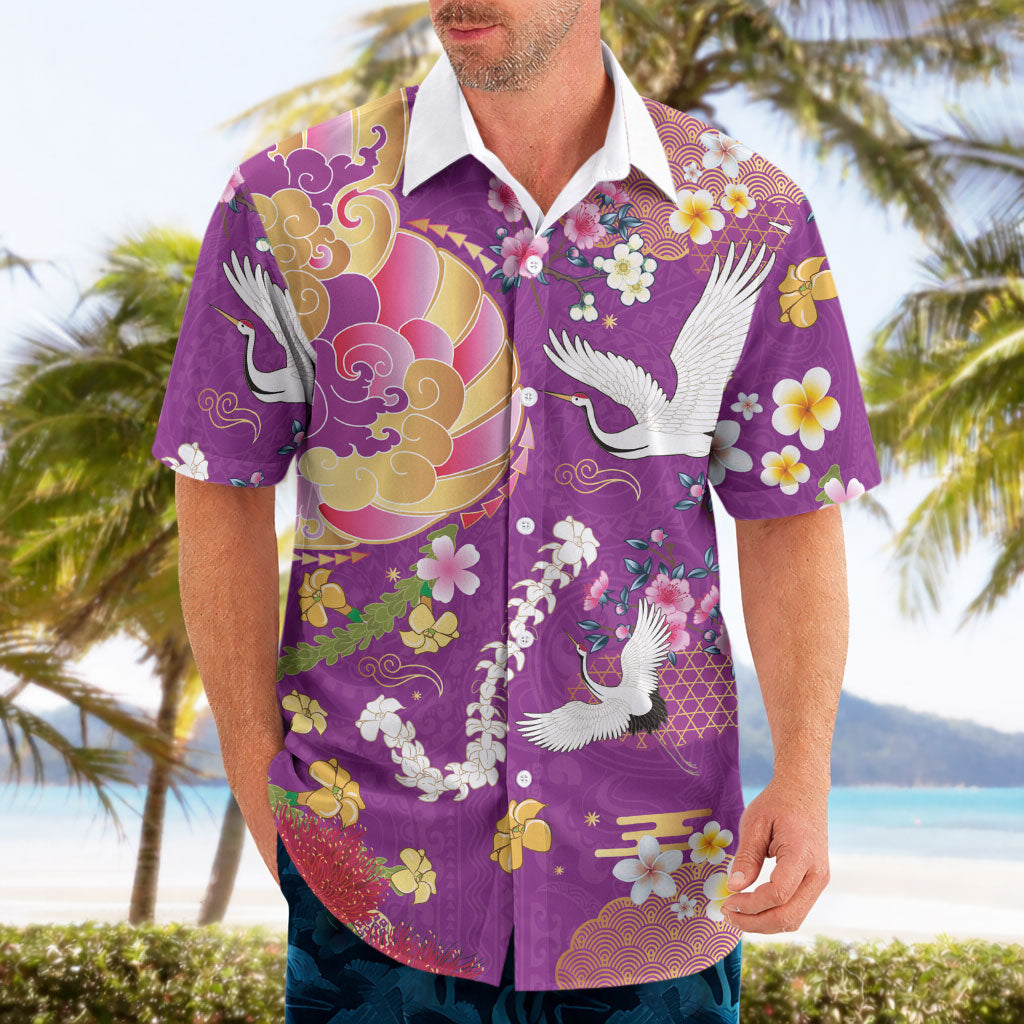 Hawaiian and Japanese Culture Together Hawaiian Shirt Kakau Tribal Pattern and Irezumi Art Purple Color