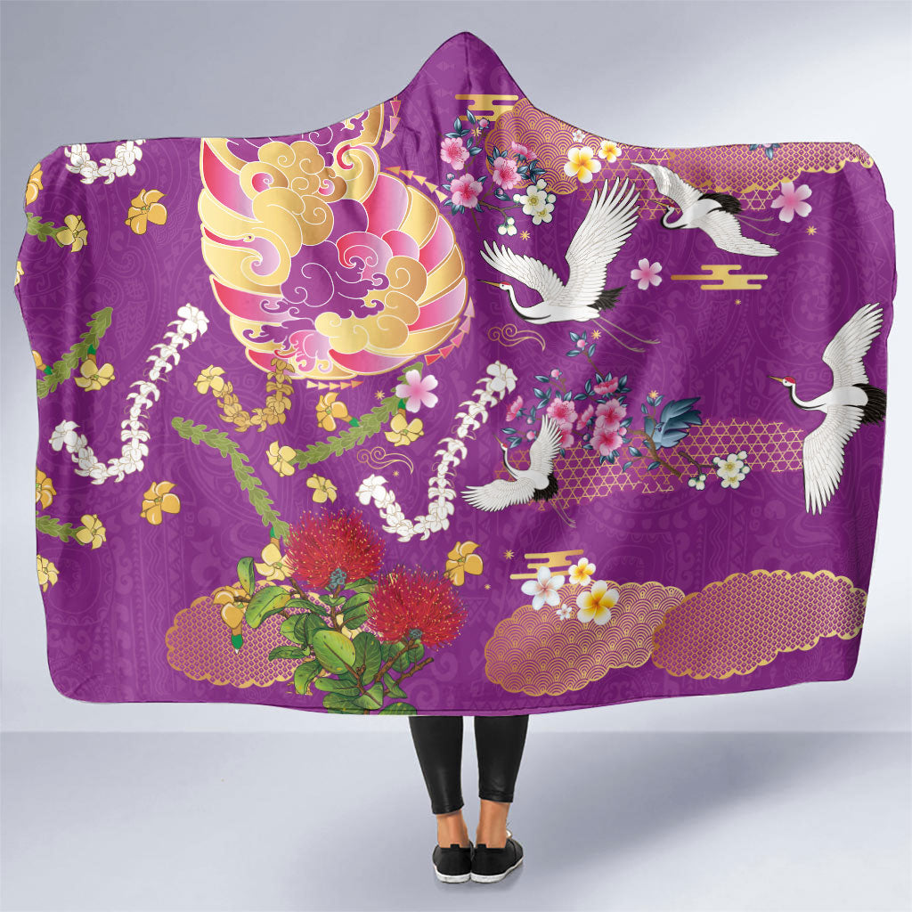 Hawaiian and Japanese Culture Together Hooded Blanket Kakau Tribal Pattern and Irezumi Art Purple Color