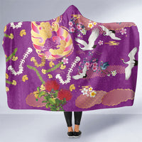 Hawaiian and Japanese Culture Together Hooded Blanket Kakau Tribal Pattern and Irezumi Art Purple Color