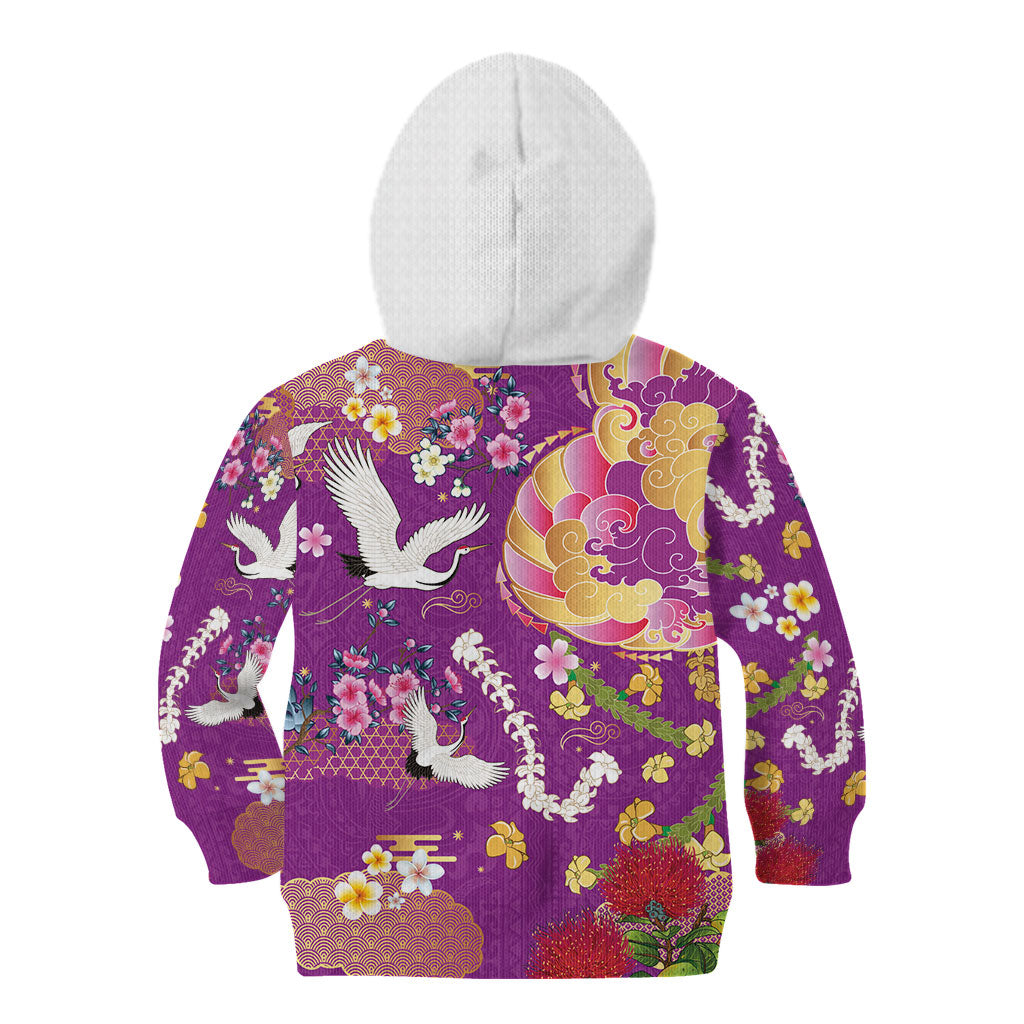 Hawaiian and Japanese Culture Together Kid Hoodie Kakau Tribal Pattern and Irezumi Art Purple Color