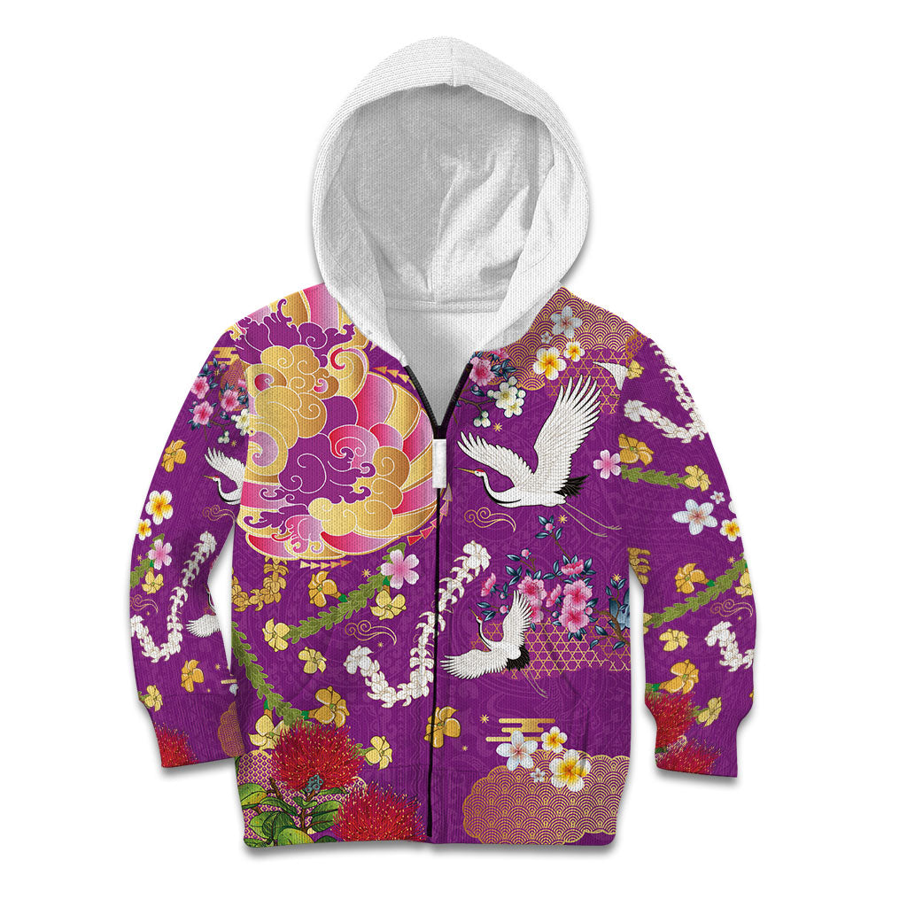 Hawaiian and Japanese Culture Together Kid Hoodie Kakau Tribal Pattern and Irezumi Art Purple Color