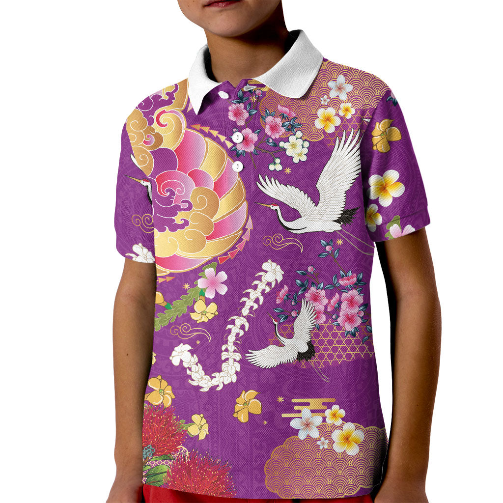 Hawaiian and Japanese Culture Together Kid Polo Shirt Kakau Tribal Pattern and Irezumi Art Purple Color