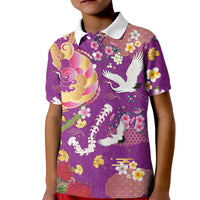 Hawaiian and Japanese Culture Together Kid Polo Shirt Kakau Tribal Pattern and Irezumi Art Purple Color