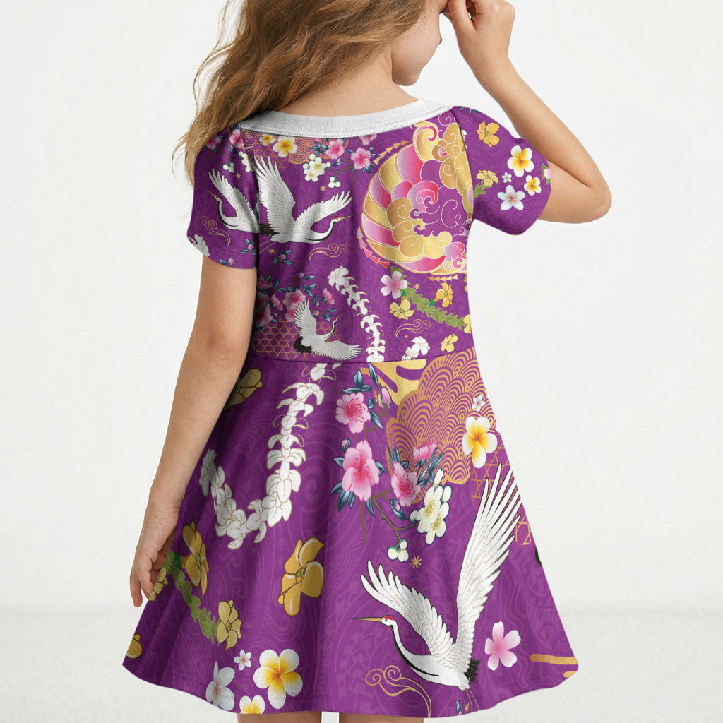 Hawaiian and Japanese Culture Together Kid Short Sleeve Dress Kakau Tribal Pattern and Irezumi Art Purple Color