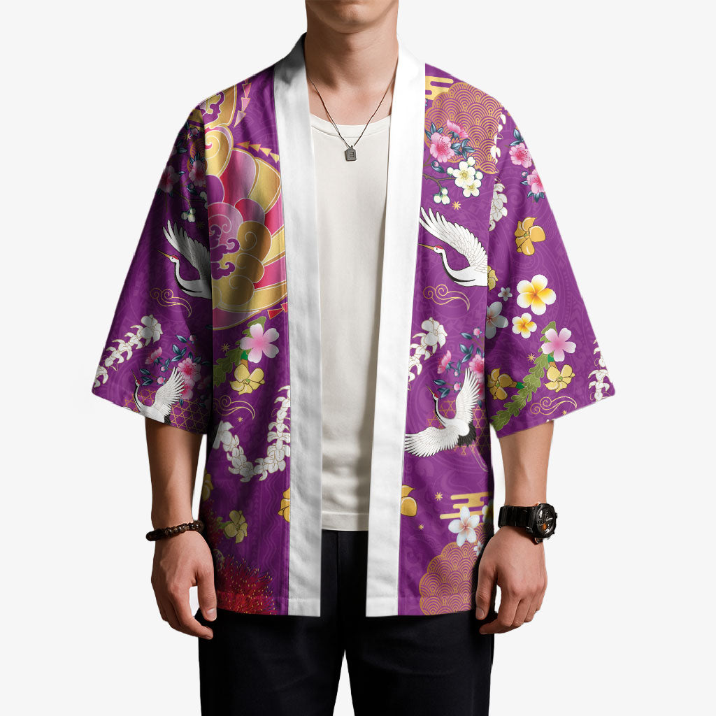 Hawaiian and Japanese Culture Together Kimono Kakau Tribal Pattern and Irezumi Art Purple Color