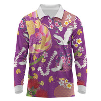 Hawaiian and Japanese Culture Together Long Sleeve Polo Shirt Kakau Tribal Pattern and Irezumi Art Purple Color