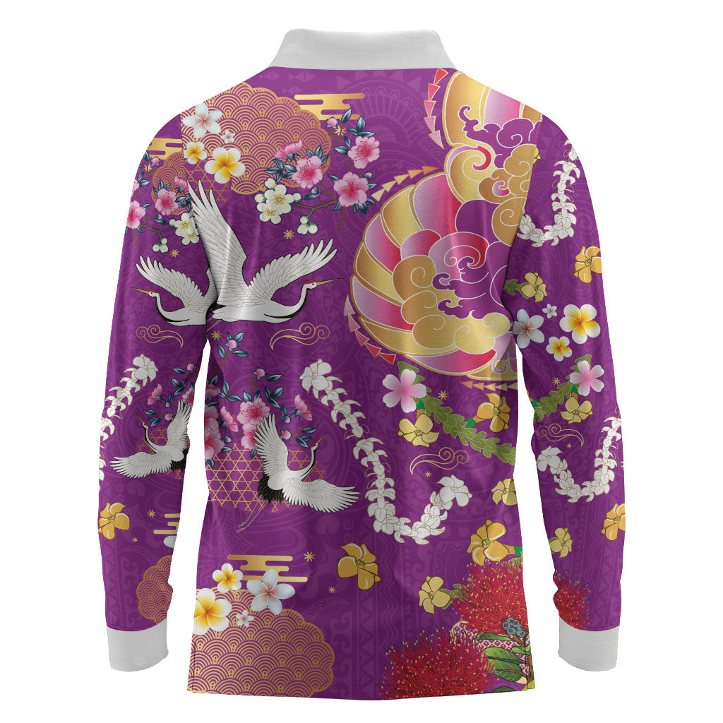 Hawaiian and Japanese Culture Together Long Sleeve Polo Shirt Kakau Tribal Pattern and Irezumi Art Purple Color